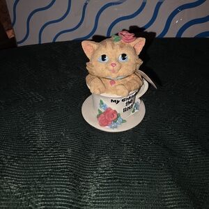 Charming Cat in Floral Teacup Figurine - Tan and Pink